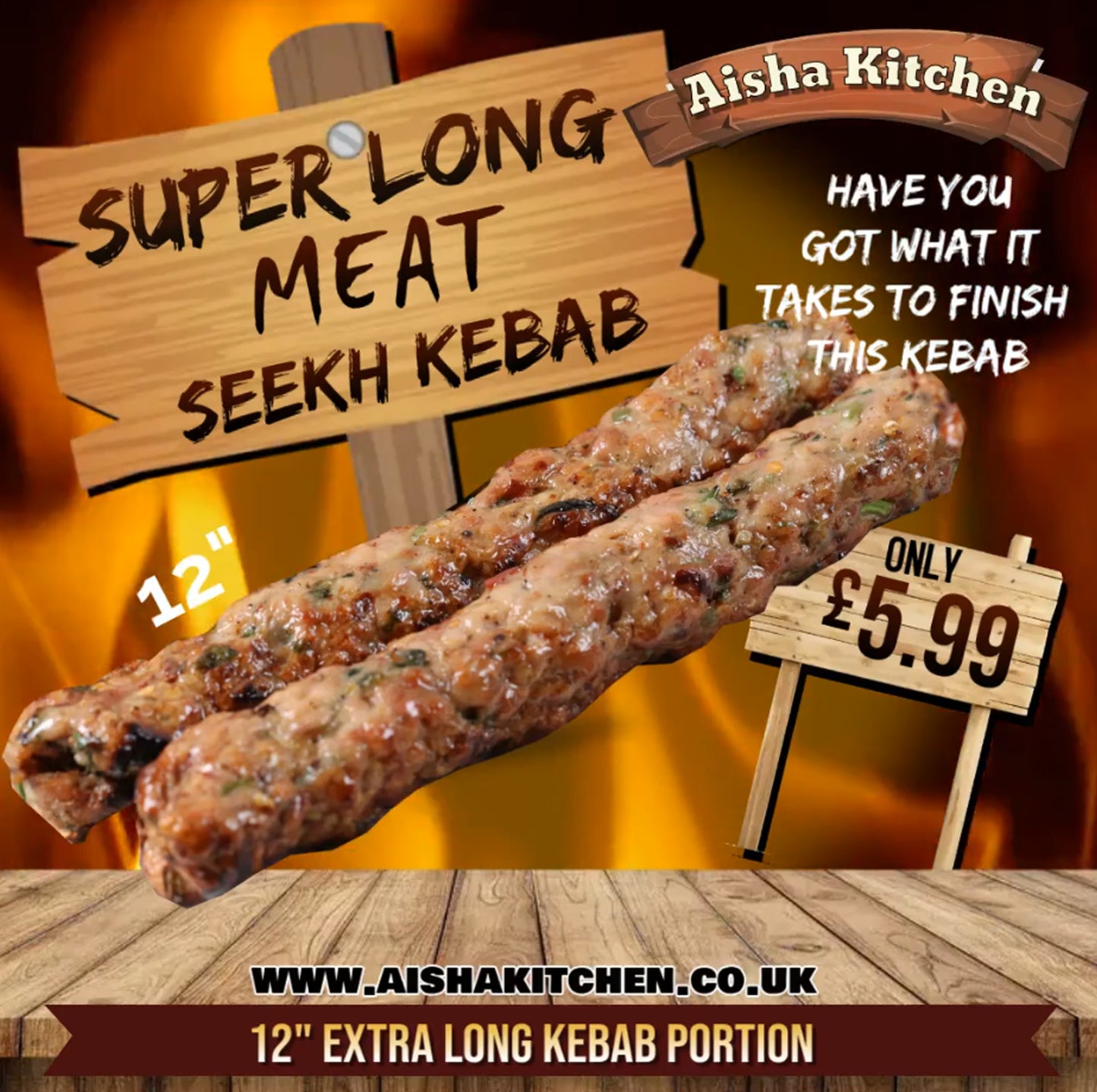 12 INCH EXTRA LONG MEAT SEEKH KEBAB PORTION OF 2