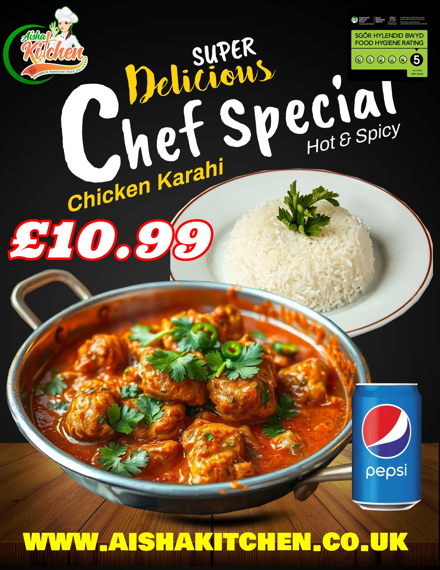 Chef Special Chicken Karahi Curry with Boiled Rice and Pepsi Can