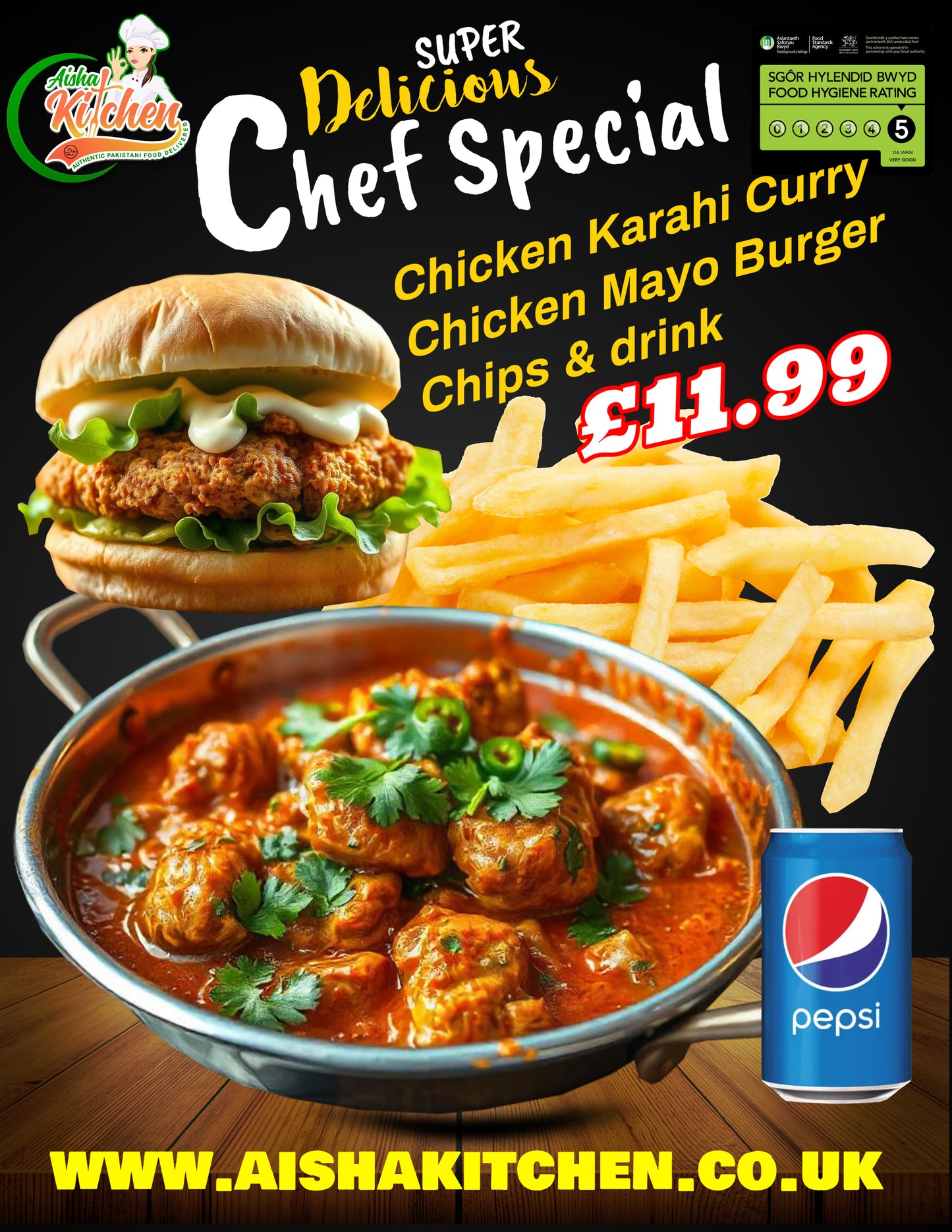 Special Chicken Karahi Curry with Chicken Mayo Burger and chips and Pepsi Can