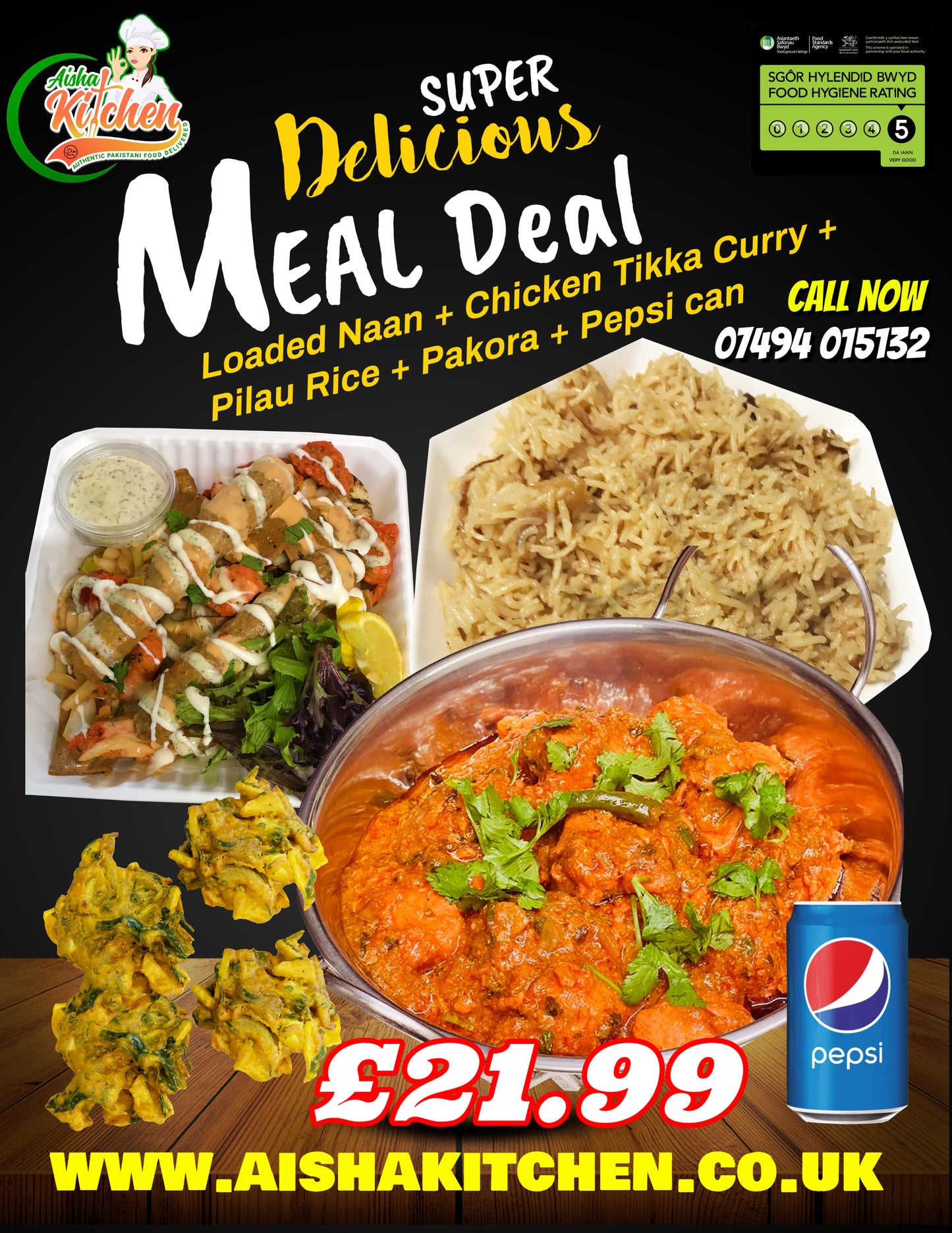 Special Loaded Naan + Chicken Tikka Curry with Pilau Rice Portion Pakora and Pepsi Can