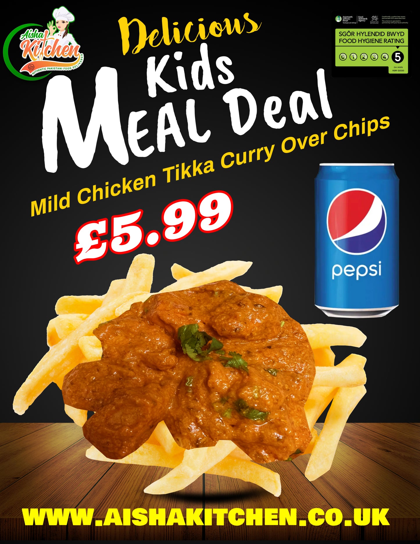 Kids Meal Deal 5 : Mild Chicken Tikka Curry Over Chips and Pepsi Can