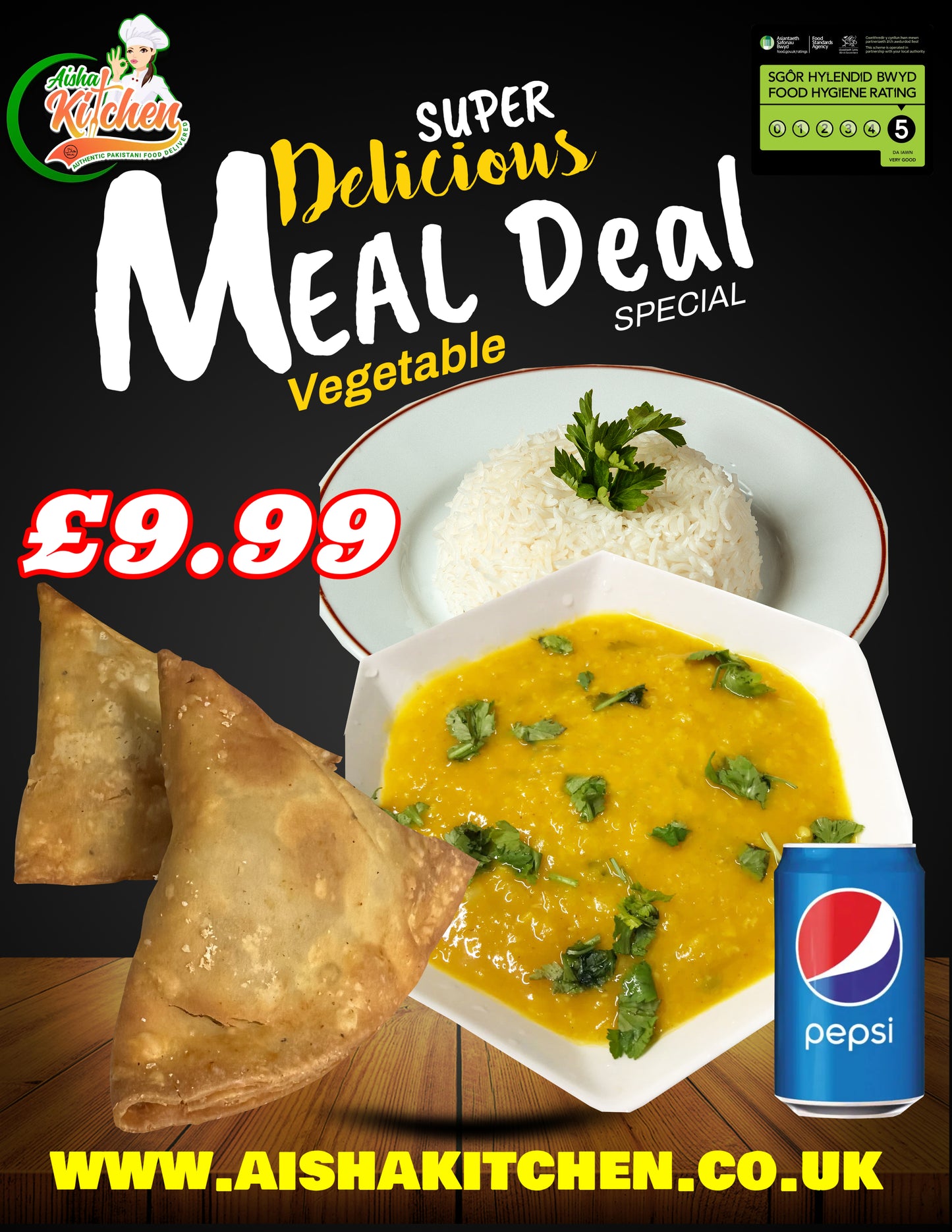 Meal Deal 5 : Yellow & Red Lentil Dal with Boiled Rice, 2 Veg Samosa and Pepsi Can
