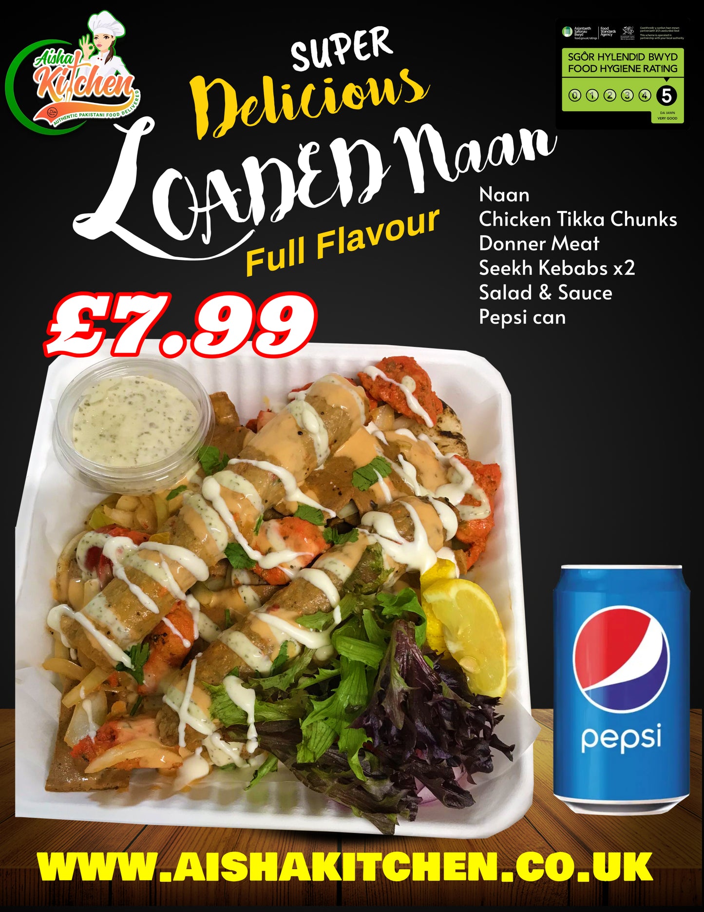 Special Loaded Naan with Chicken Tikka and Seekh Kebab x2 and Donner Meat with Special Secret Sauce with salad & Pepsi Can