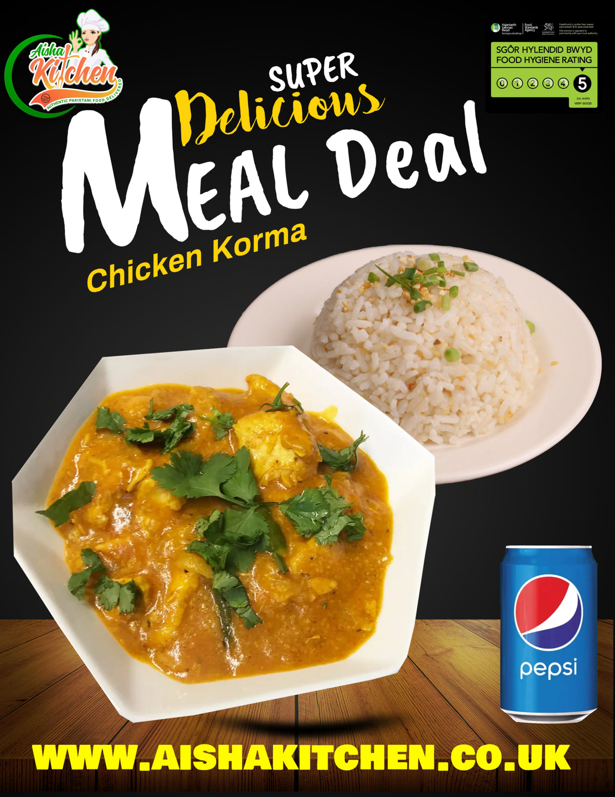 Meal Deal 13 : Chicken Korma Curry with Ginger Garlic Rice and Pepsi Can
