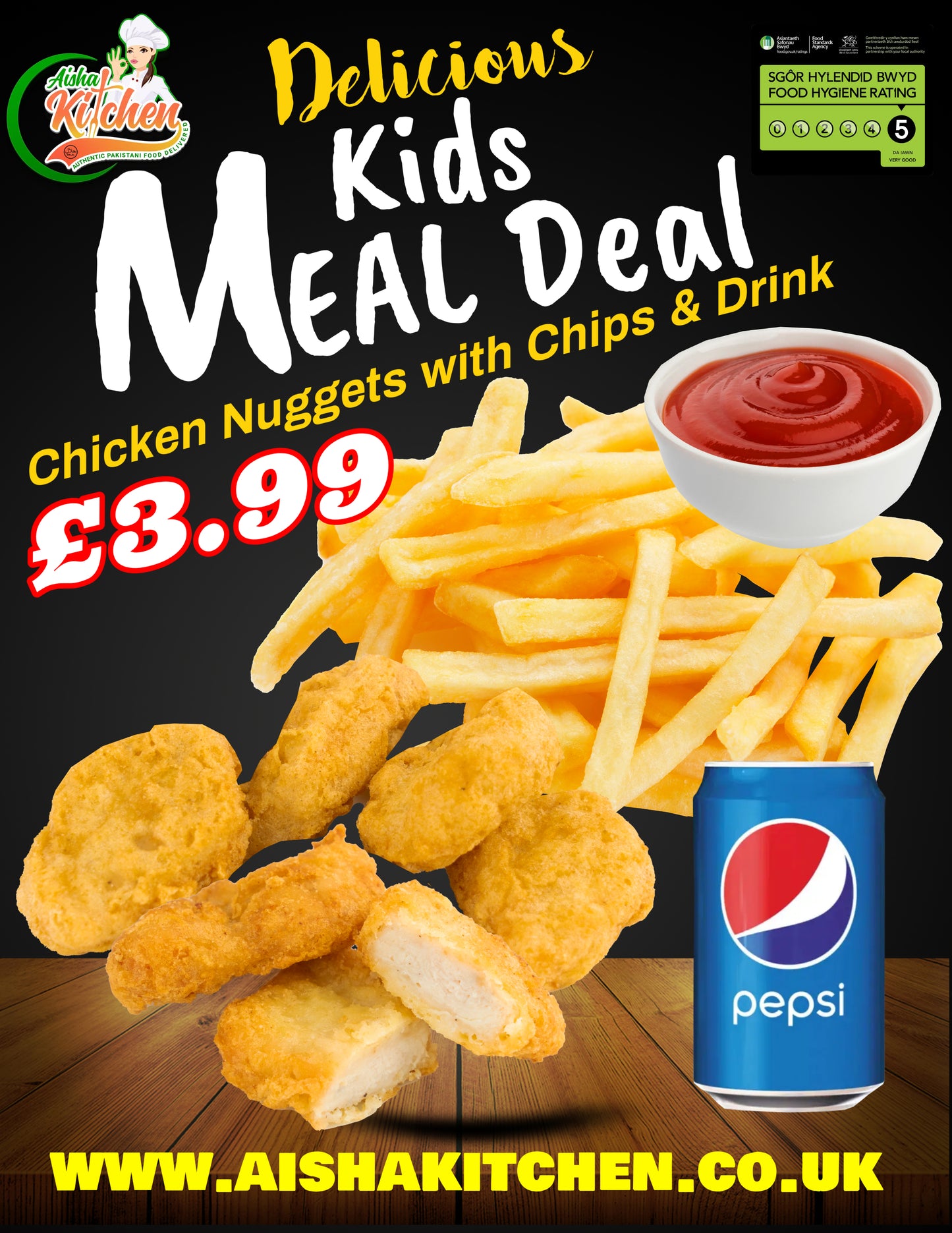Kids Meal Deal 1 : Chicken Nuggets (6) with Chips and Sauce and Pepsi Can