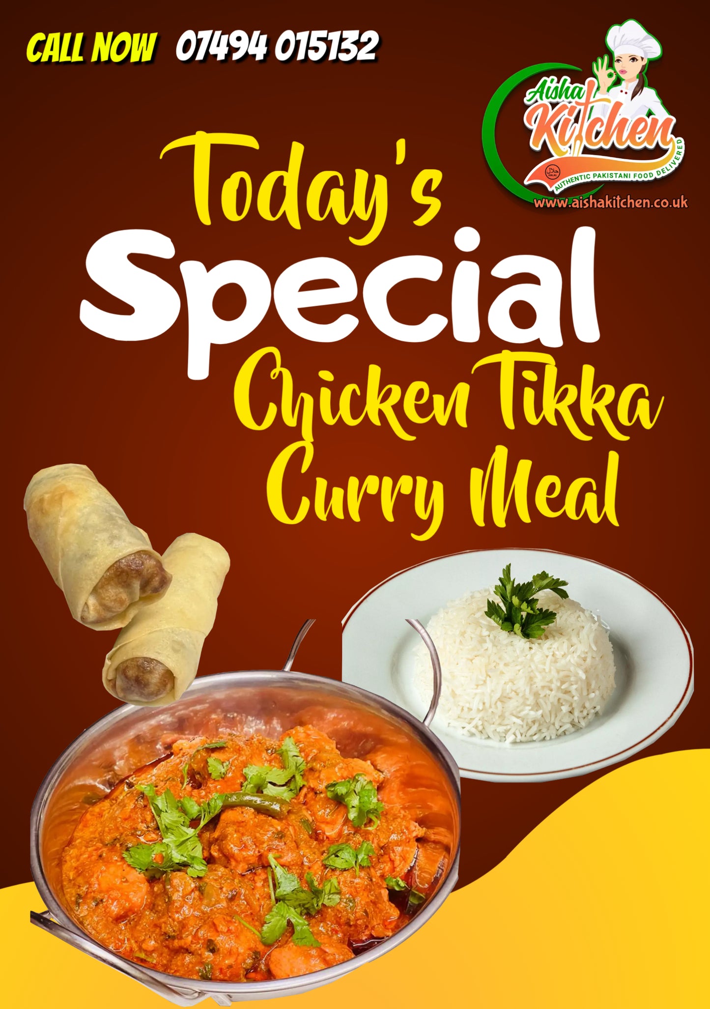 Todays Special Chicken Tikka Masala Curry with Boiled Rice and spring rolls