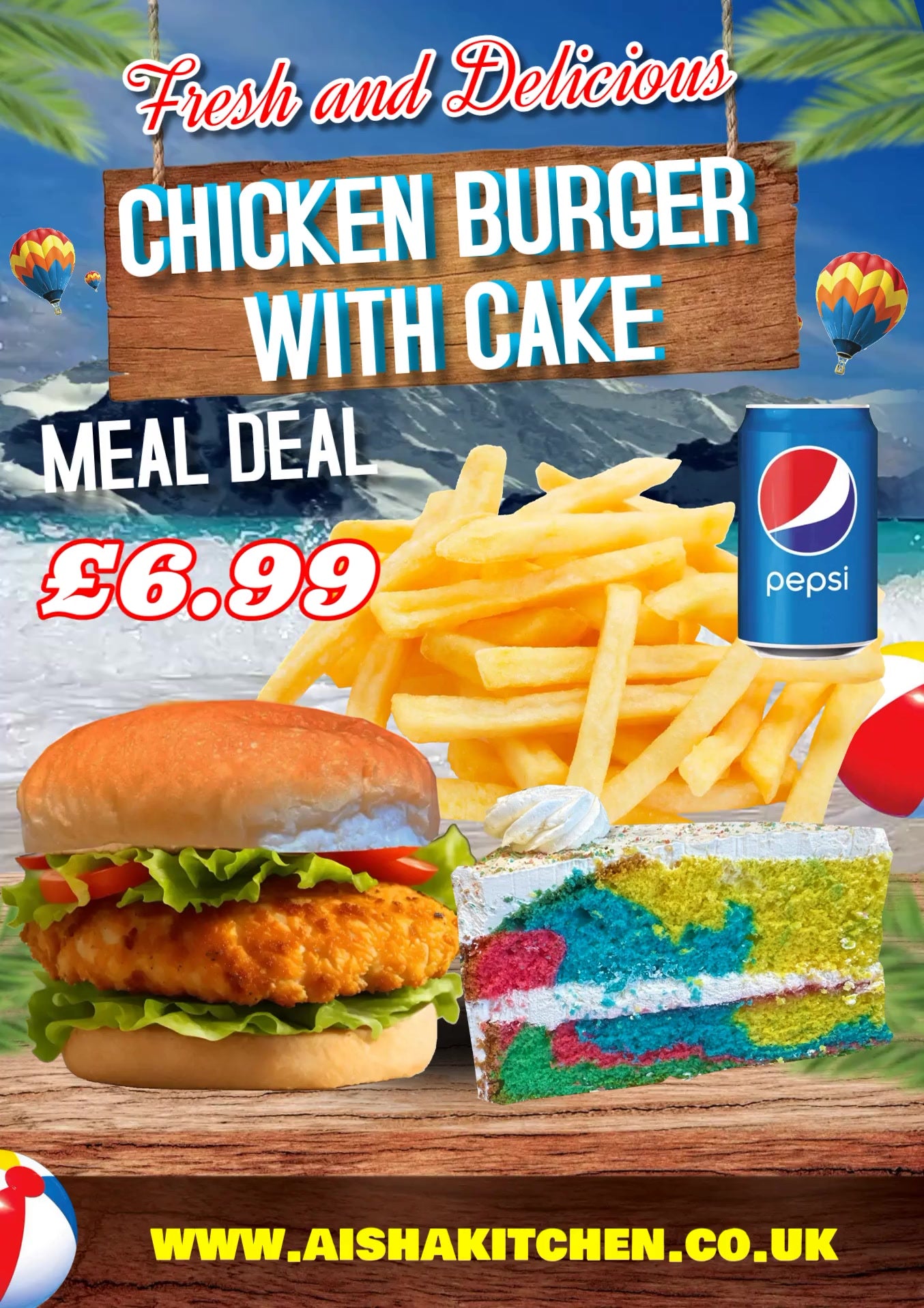 CHICKEN BURGER WITH CHIPS AND RAINBOW CAKE SLICE AND PEPSI DRINK MEAL DEAL