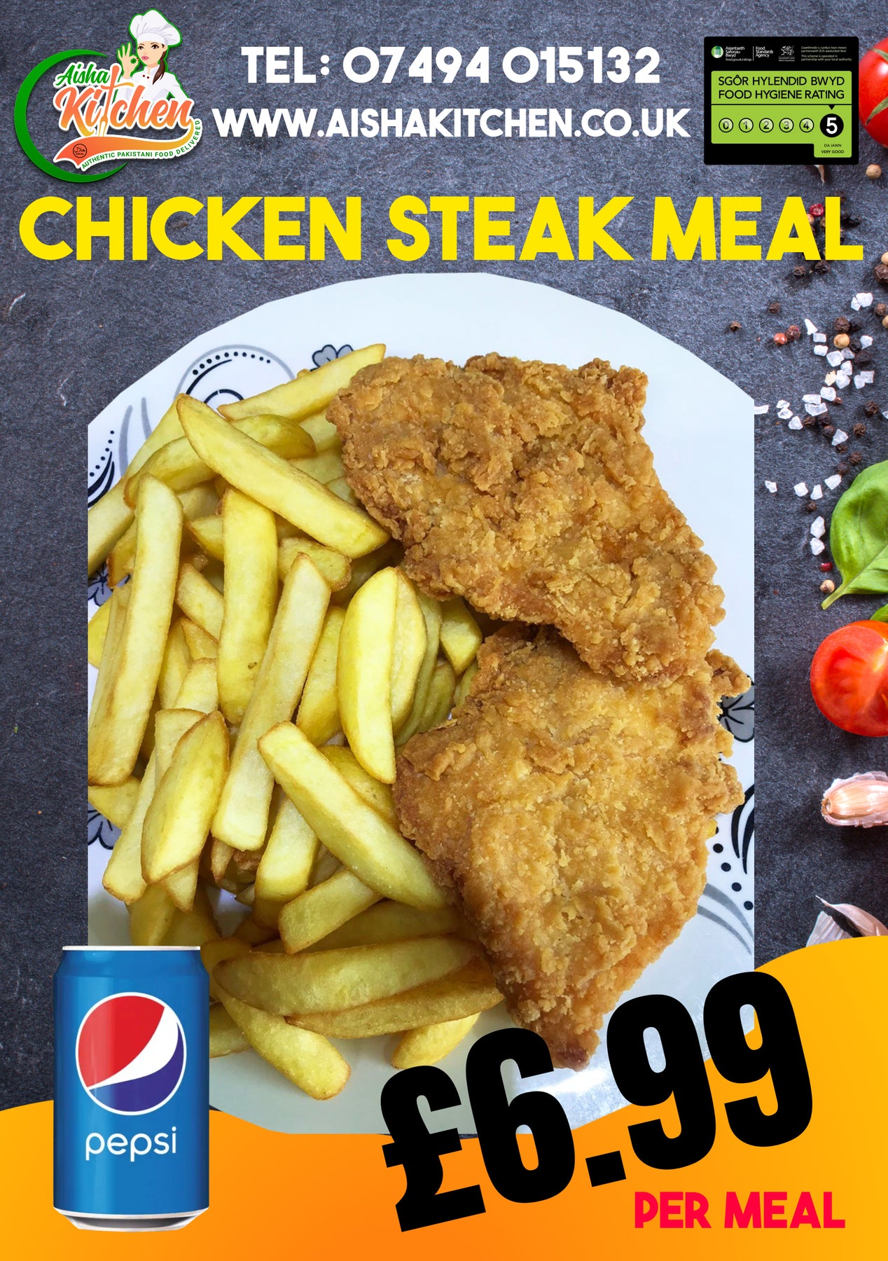 Battered Chicken Steaks 2x Hot & Spicy with Chips and Drink Meal Deal