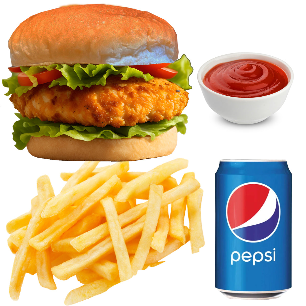 Meal Deal 7 : Chicken Burger with Chips, Ketchup Sauce and Pepsi Can