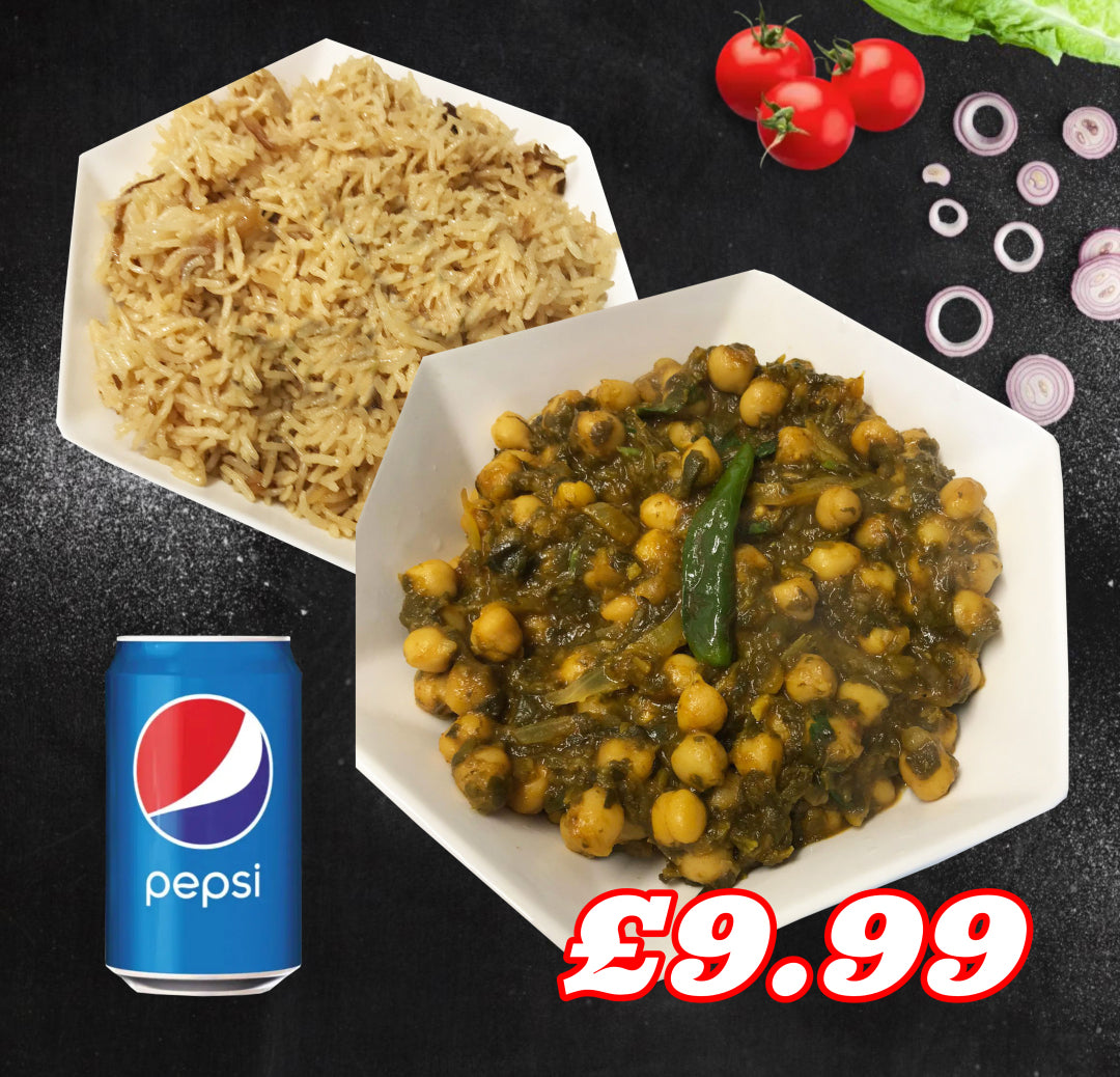 Chickpea and Spinach Curry with Pilau Rice and Pepsi Can