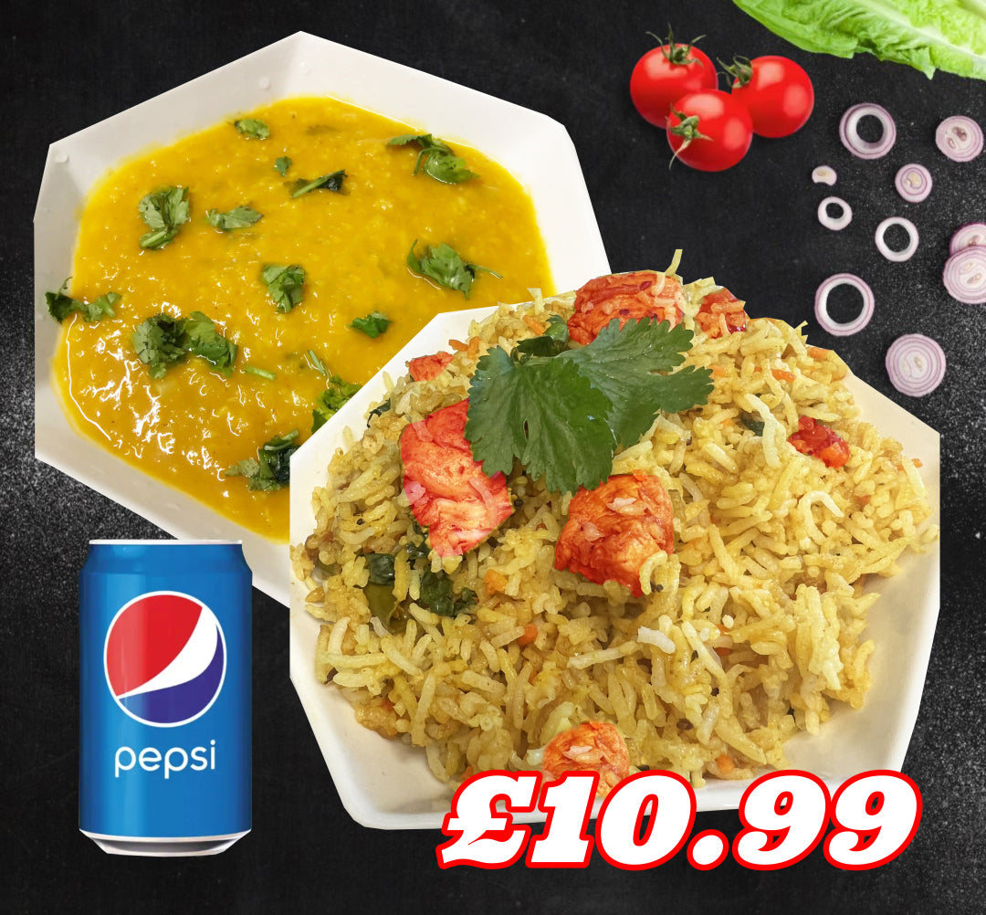 Chicken Tikka Biryani with Lentil Dal Curry and Pepsi Can