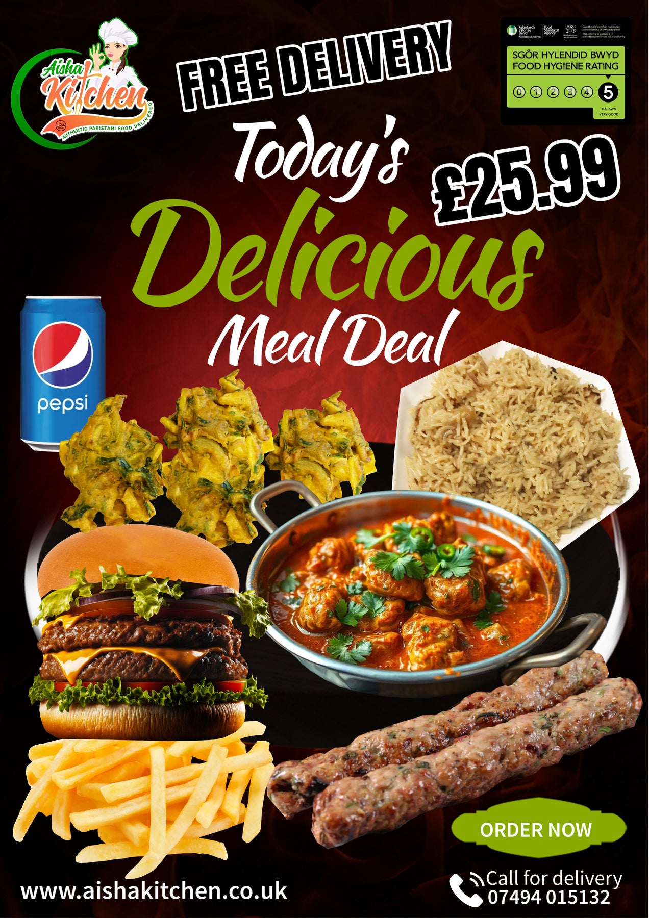 Chicken Karahi Curry with Pilau Rice and 2x Meat Seekh Kebabs and 1x Portion Pakora plus Twin Gourmet Burger with Chips and Drink