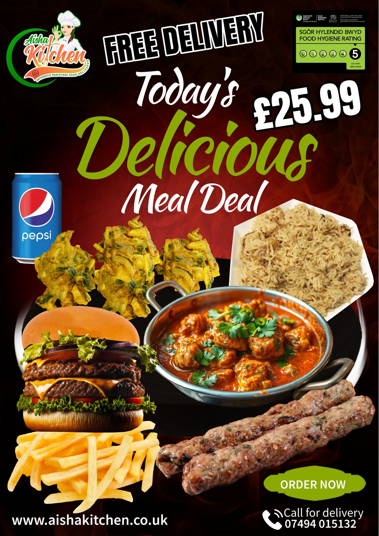 Chicken Karahi Curry with Pilau Rice and 2x Meat Seekh Kebabs and 1x Portion Pakora plus Twin Gourmet Burger with Chips and Drink