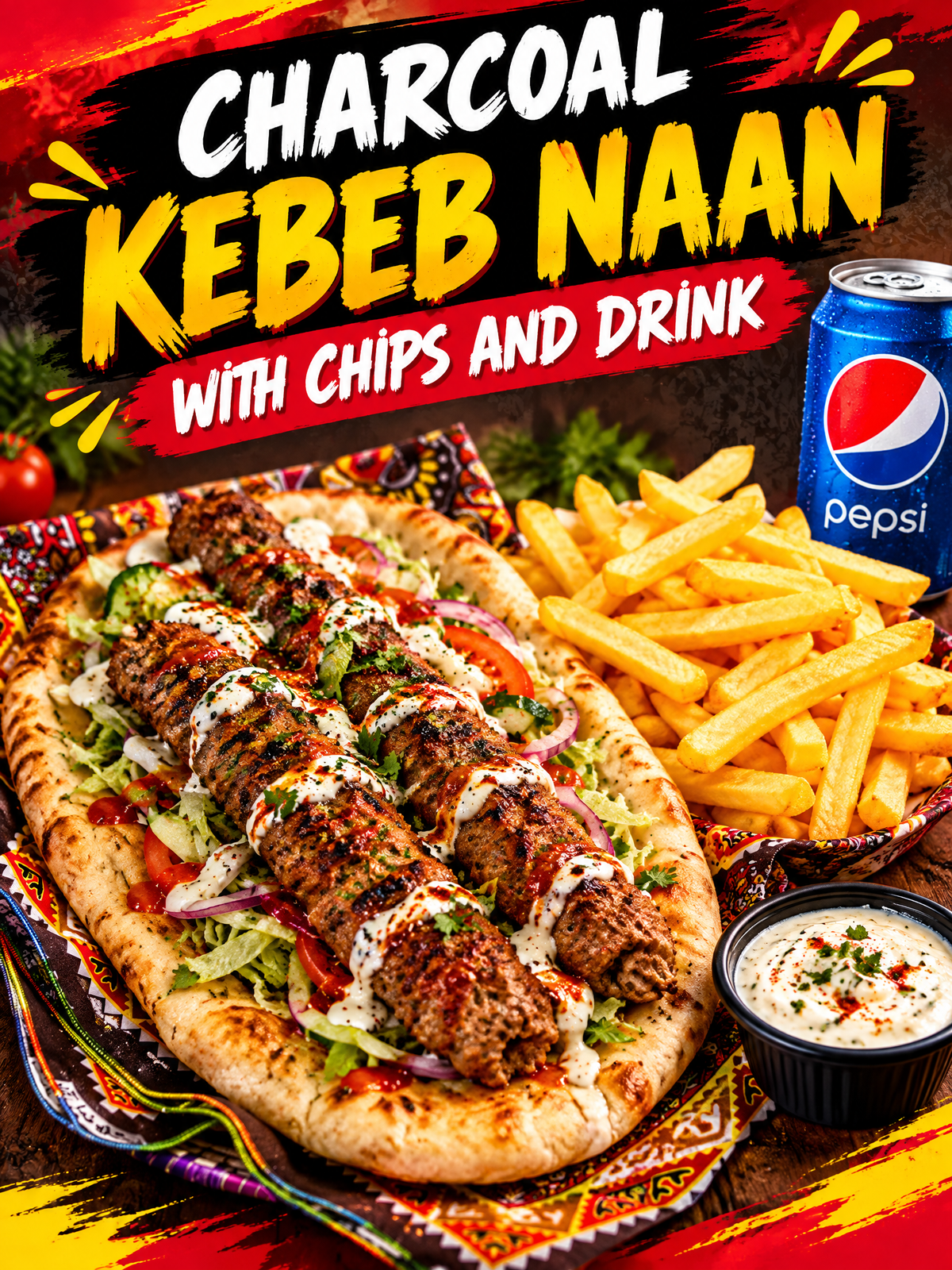 New Charcoal kebeb naan with chips and drink with salad and sauce