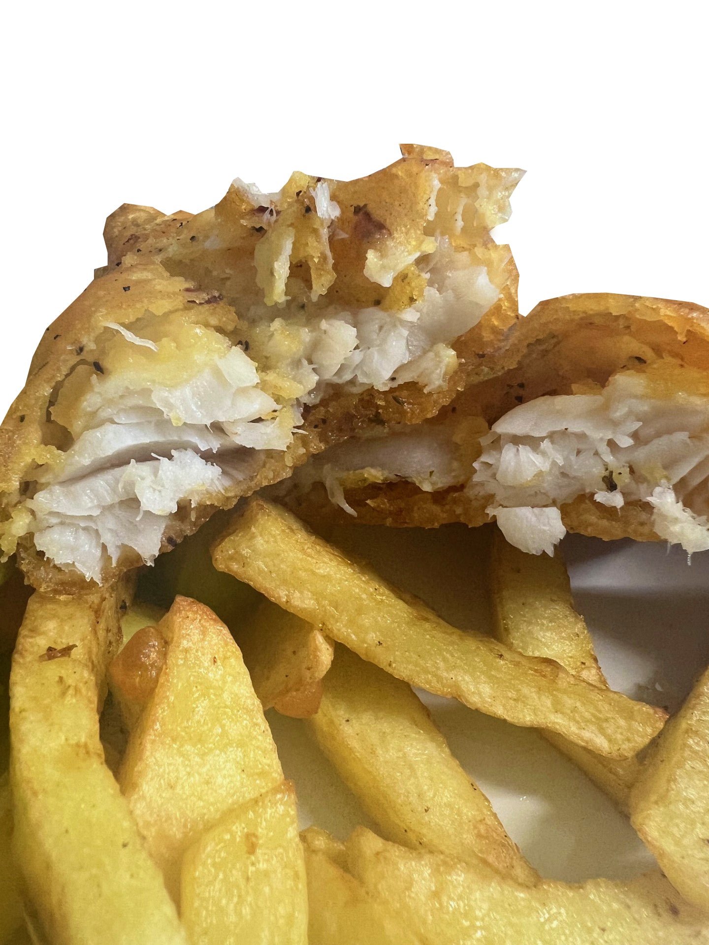 Homemade Battered Cod Fish with a portion of Chips with a can of Pepsi
