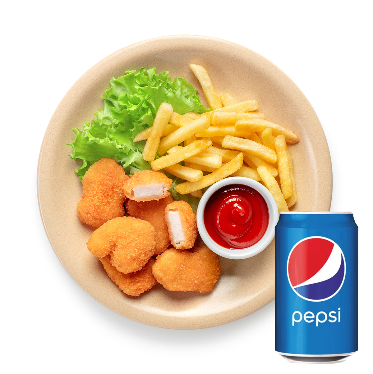 Kids Meal Deal 1 : Chicken Nuggets (6) with Chips and Sauce and Pepsi Can