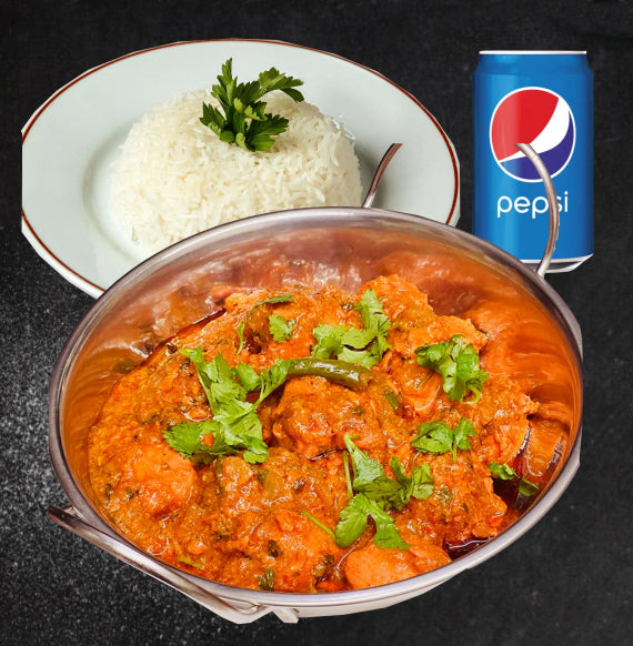 Chicken Tikka Masala Curry with Boiled Rice and Pepsi Can