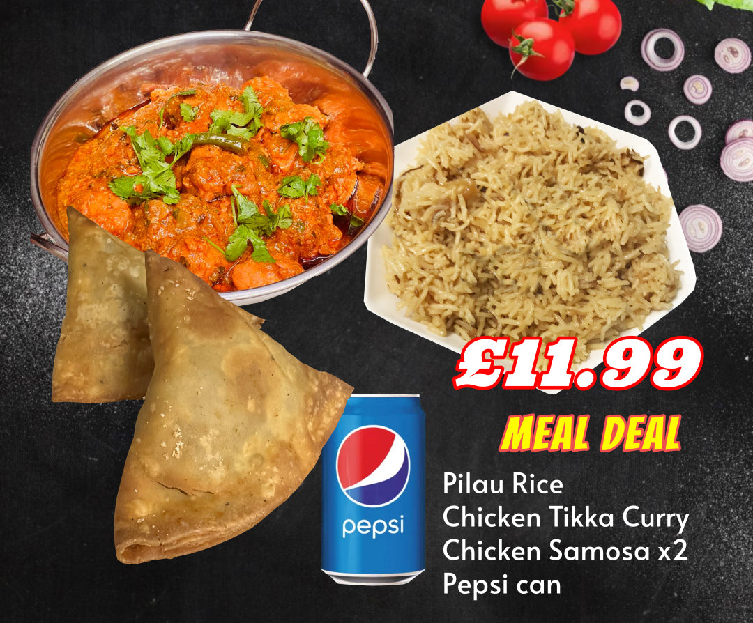 Special Chicken Tikka Masala Curry with Pilau Rice, 2 Chicken Samosa and Pepsi Can