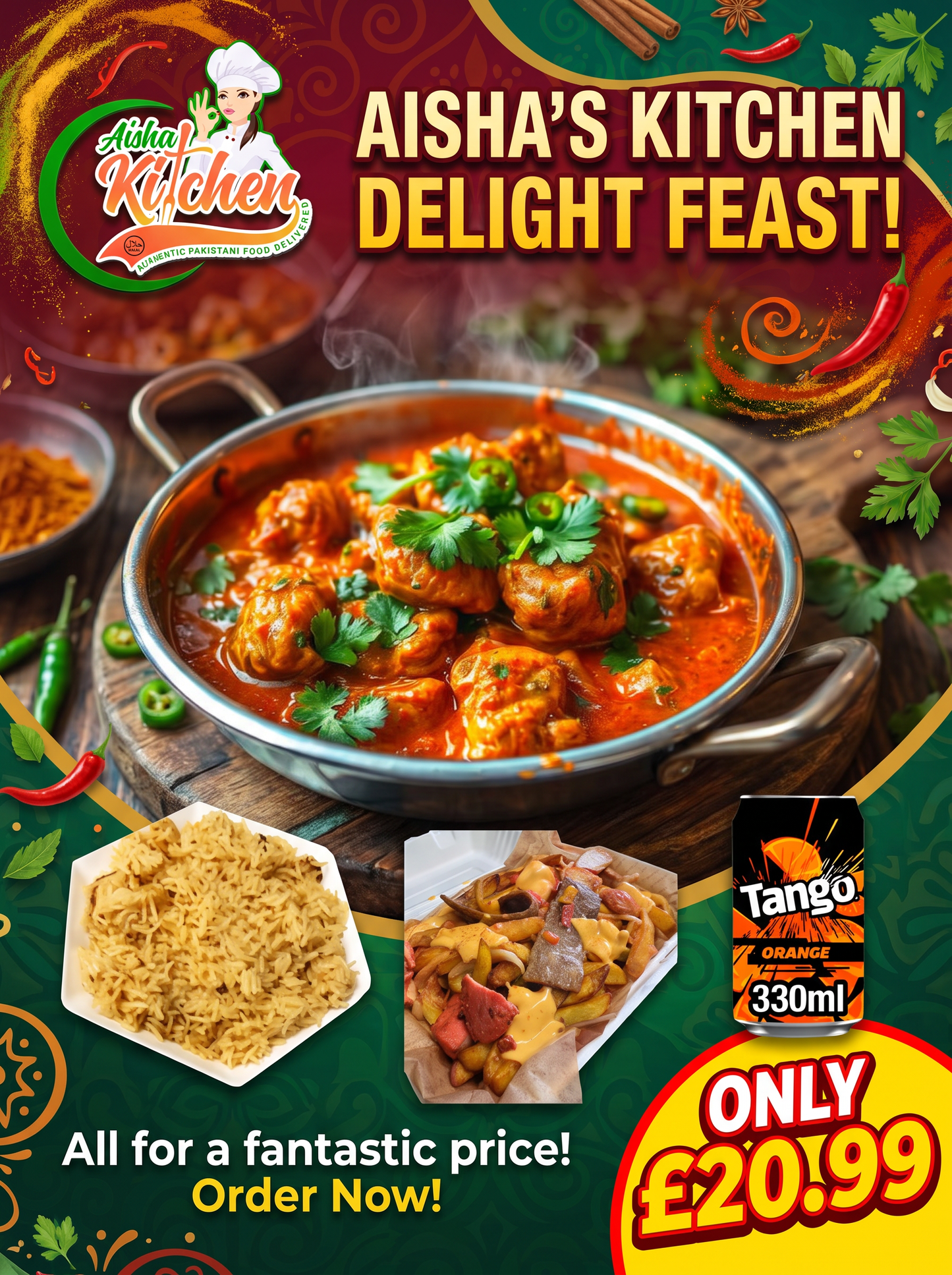 Special Chicken Karahi Curry with Pilau Rice and Loaded Fries and can of Tango