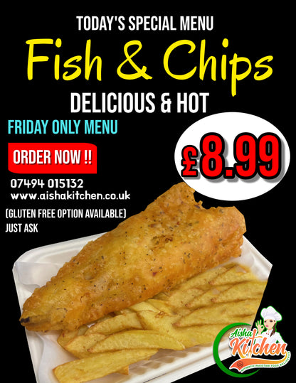 Homemade Battered Cod Fish with a portion of Chips with a can of Pepsi