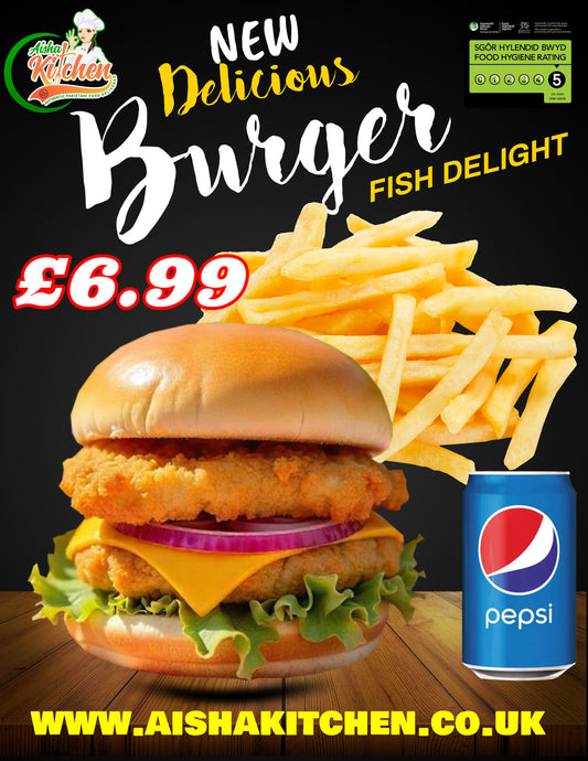 FISH DELIGHT 2 LAYERED BURGER AND CHIPS AND DRINK MEAL DEAL