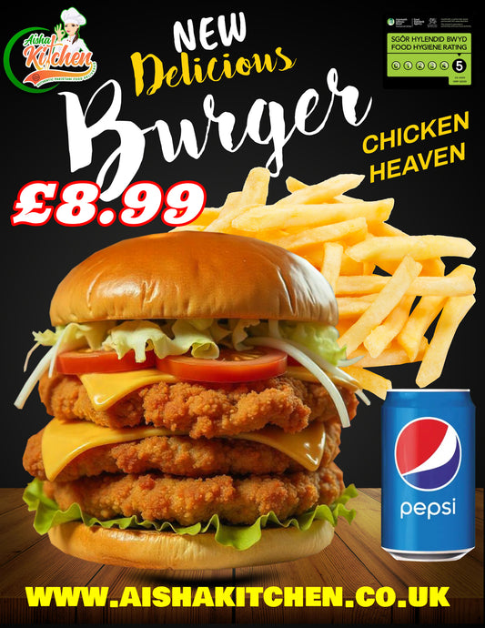 CHICKEN HEAVEN 3 LAYERED BURGER AND CHIPS AND DRINK MEAL DEAL