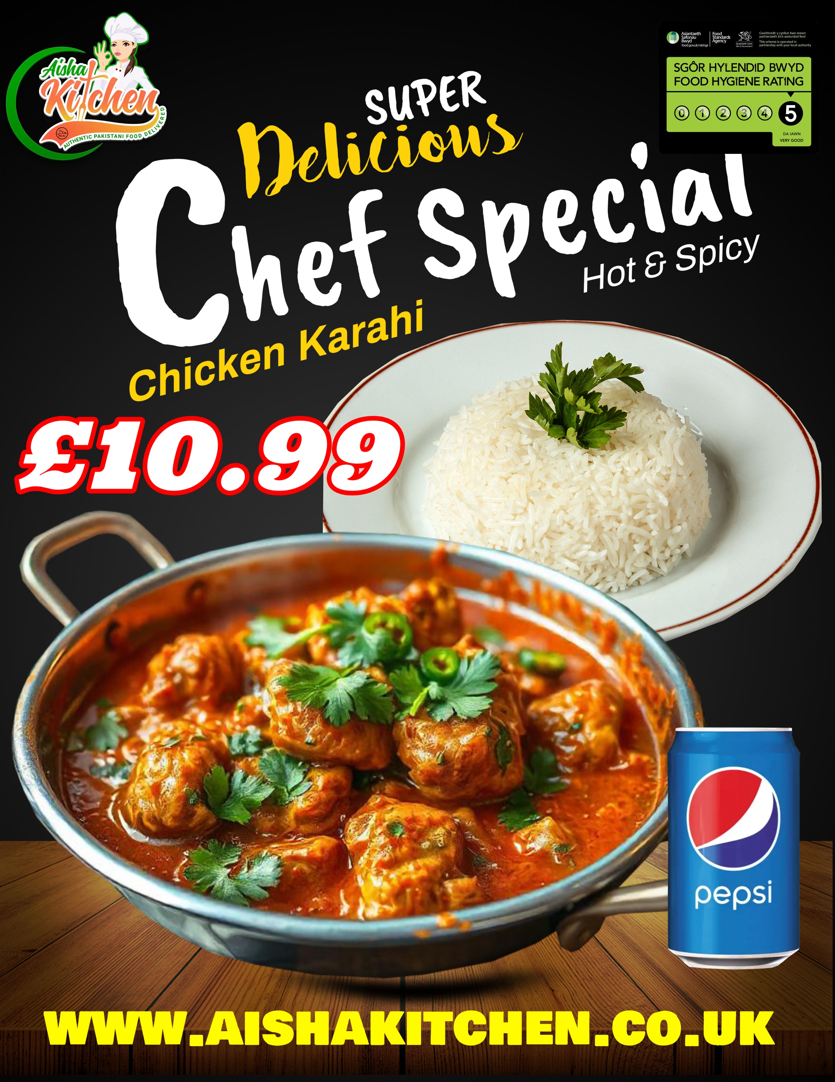 Chef Special Chicken Karahi Curry with Boiled Rice and Pepsi Can ...
