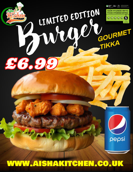 LIMITED EDITION GOURMET BEEF BURGER WITH CHICKEN TIKKA CHUNKS AND CHIPS AND DRINK MEAL DEAL (Copy)