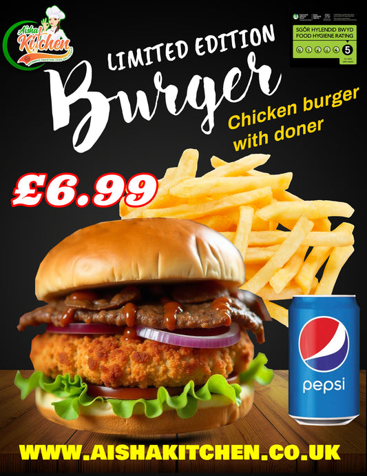 LIMITED EDITION CHICKEN BURGER WITH DONER MEAT AND CHIPS AND DRINK MEAL DEAL