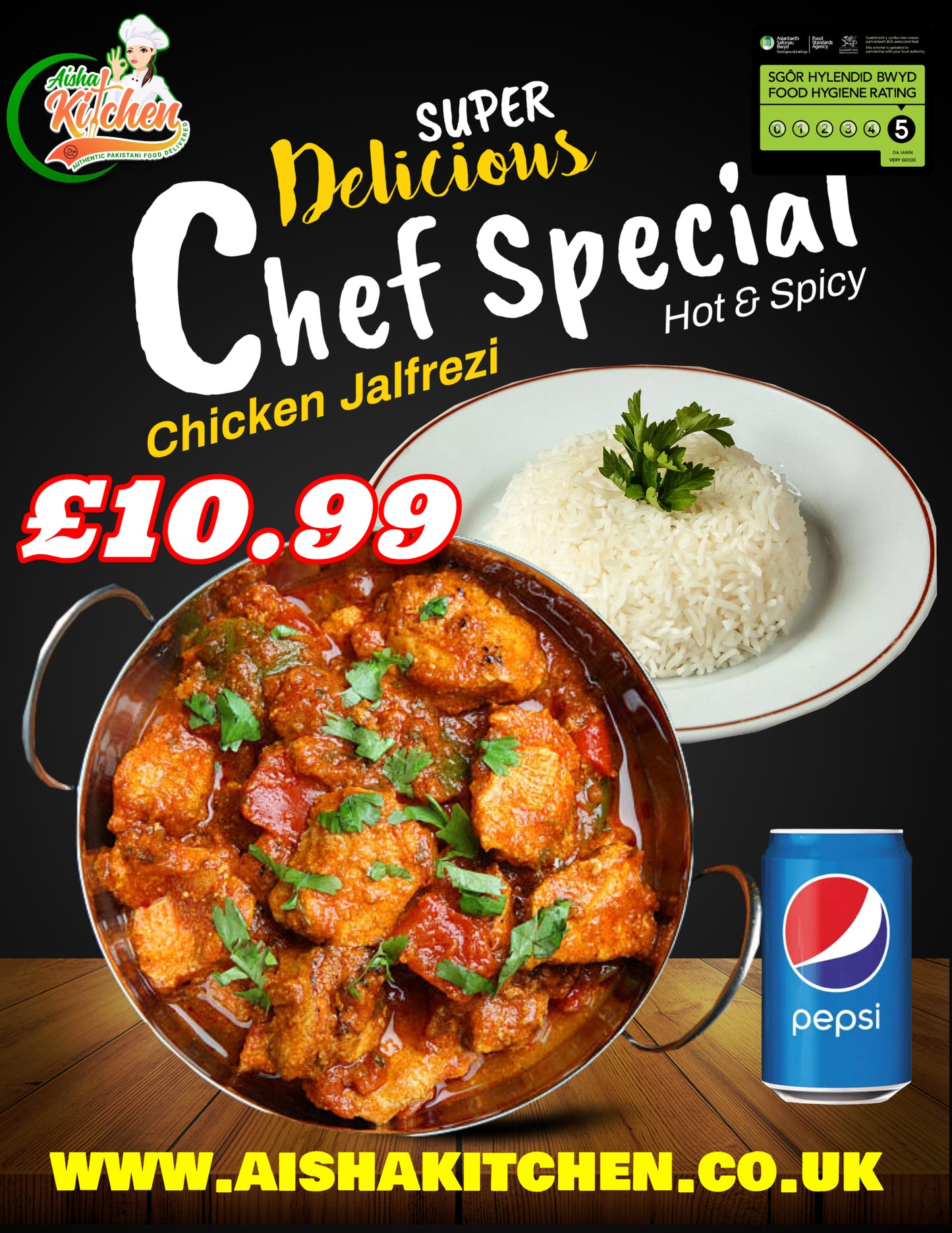 Chef Special Chicken Jalfrezi Curry with Boiled Rice and Pepsi Can