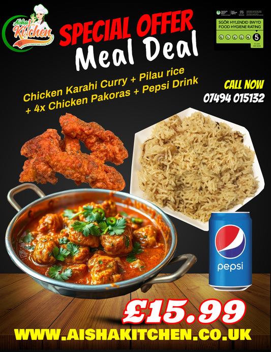 Special Offer Chicken Karahi Curry with Pilau Rice and 4x Chicken Pakoras plus Pepsi Can