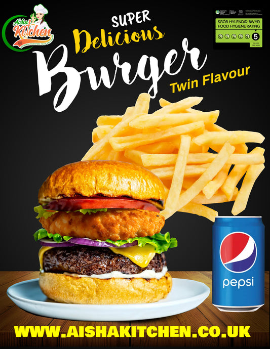 TWIN FLAVOURED GOURMET BURGER AND CHIPS AND DRINK MEAL DEAL