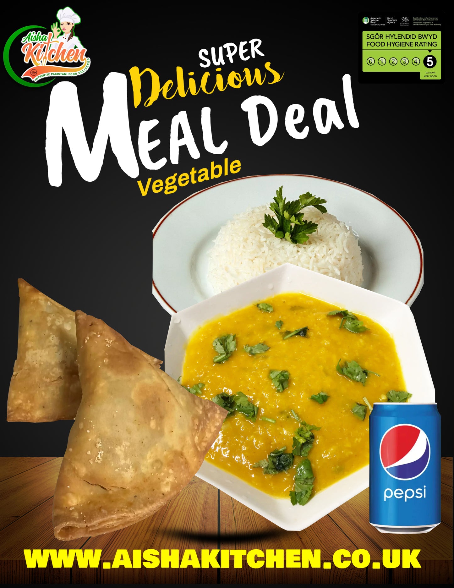 Meal Deal 5 : Yellow & Red Lentil Dal with Boiled Rice, 2 Veg Samosa and Pepsi Can
