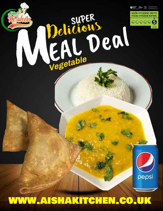 Meal Deal 5 : Yellow & Red Lentil Dal with Boiled Rice, 2 Veg Samosa and Pepsi Can
