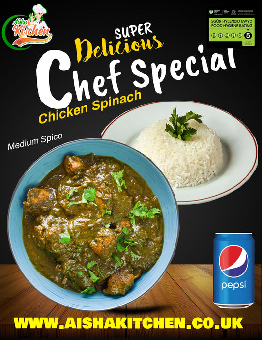 Todays Chef Special Chicken Spinach Masala Curry (Chicken Palak) with Boiled Rice and Pepsi Can