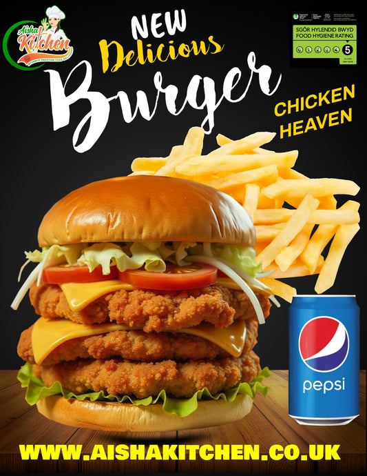 CHICKEN HEAVEN 3 LAYERED BURGER AND CHIPS AND DRINK MEAL DEAL