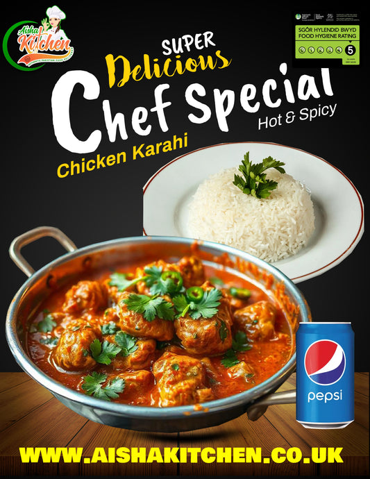 Chef Special Chicken Karahi Curry with Boiled Rice and Pepsi Can