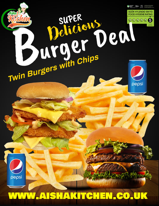 TWIN BURGER MEAL DEAL GOURMET BURGER AND CHICKEN BURGER WITH CHIPS AND DRINK