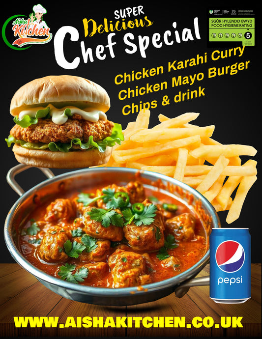 Special Chicken Karahi Curry with Chicken Mayo Burger and chips and Pepsi Can