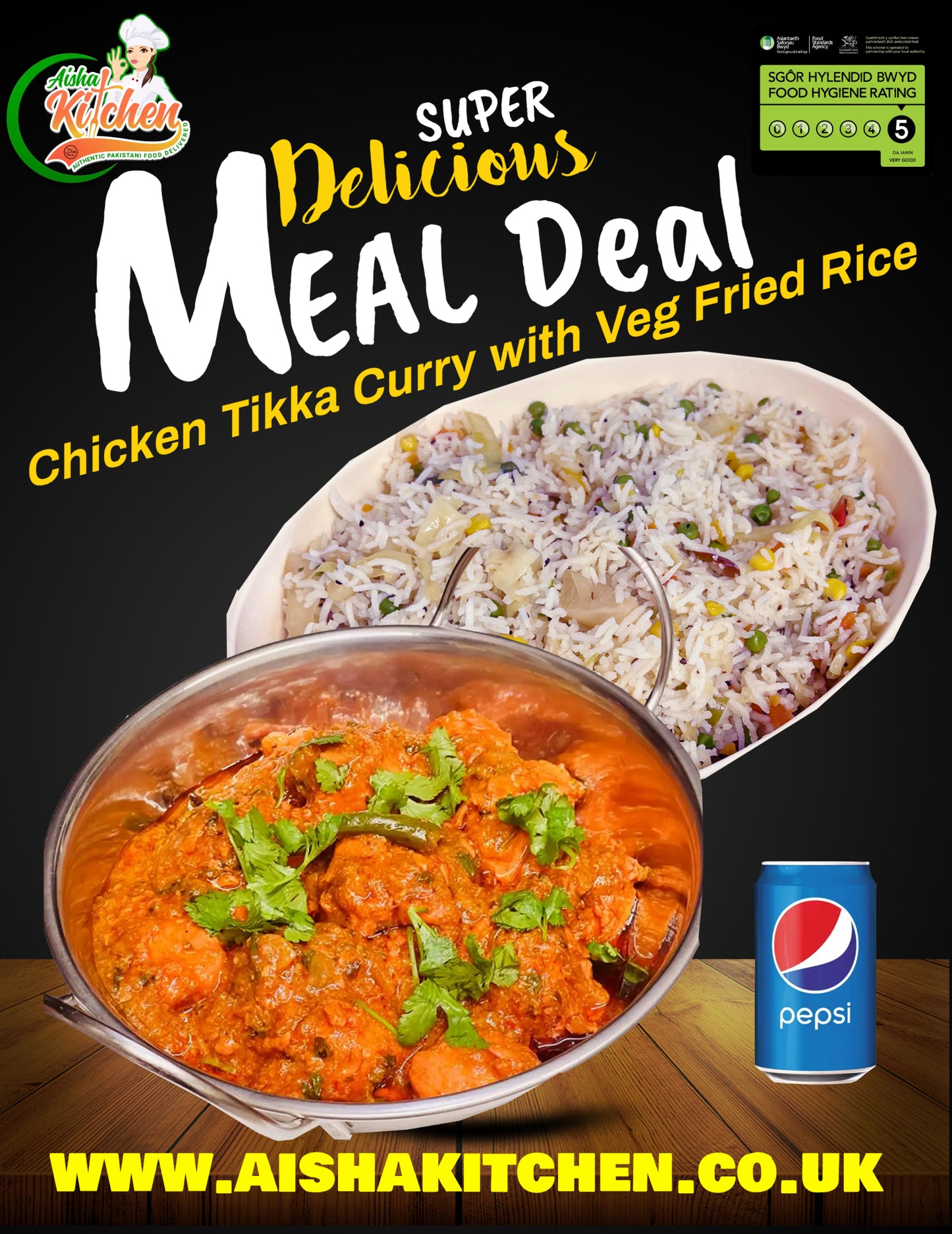 Chicken Tikka Masala Curry with Vegetable Fried Rice and Pepsi Can