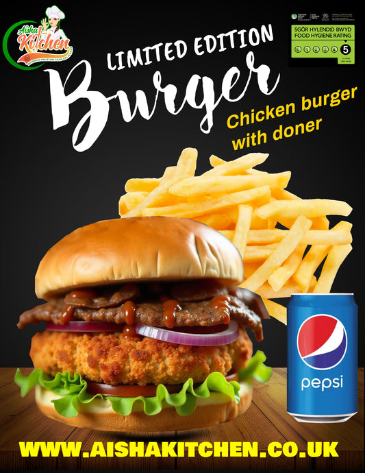 LIMITED EDITION CHICKEN BURGER WITH DONER MEAT AND CHIPS AND DRINK MEAL DEAL