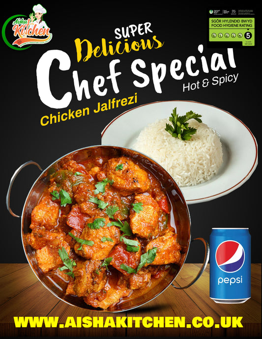 Chef Special Chicken Jalfrezi Curry with Boiled Rice and Pepsi Can
