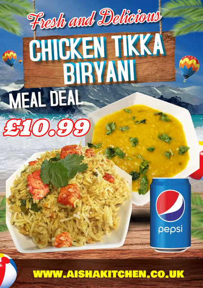 Chicken Tikka Biryani with Lentil Dal Curry and Pepsi Can