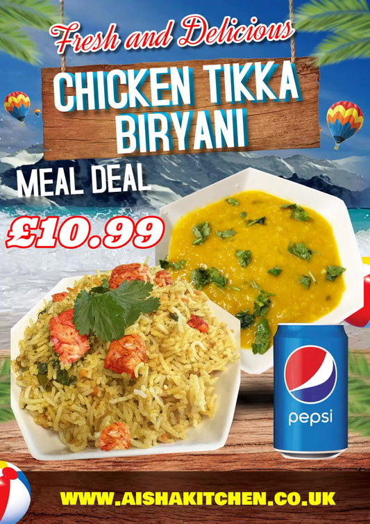 Chicken Tikka Biryani with Lentil Dal Curry and Pepsi Can