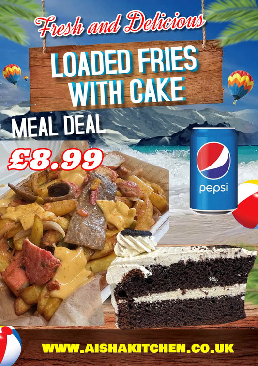 LOADED FRIES WITH CHOCOLATE CAKE SLICE AND PEPSI DRINK MEAL DEAL