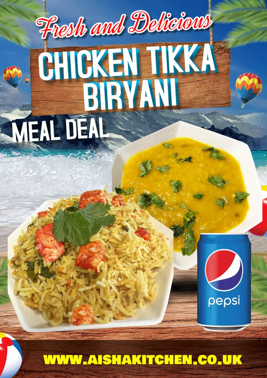 Chicken Tikka Biryani with Lentil Dal Curry and Pepsi Can
