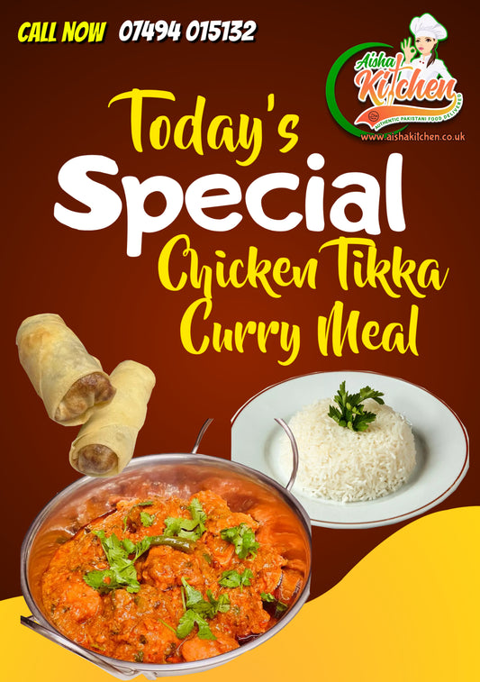 Todays Special Chicken Tikka Masala Curry with Boiled Rice and spring rolls
