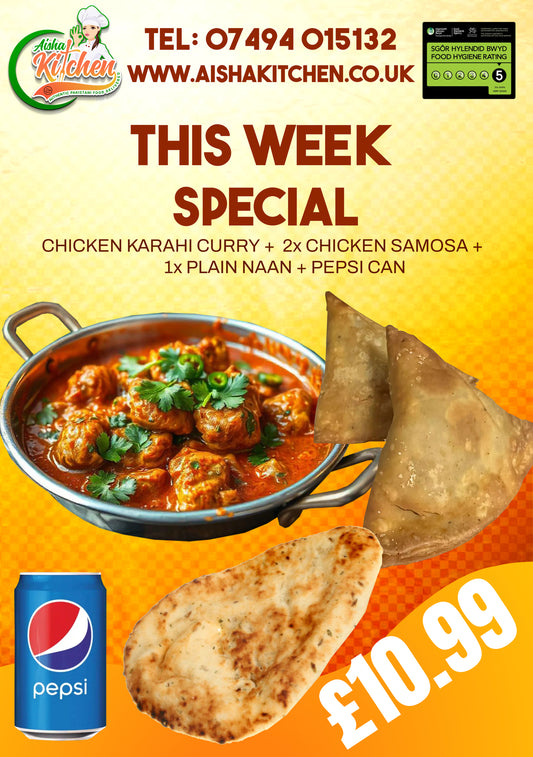 Chicken Karahi Curry with 2x Chicken Samosa and 1x Plain Naan plus Pepsi Can