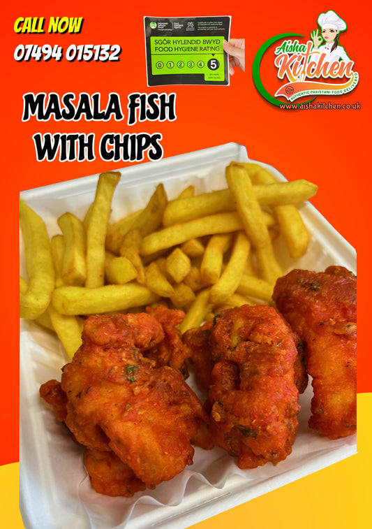 HOMEMADE MASALA FISH (6) WITH CHIPS
