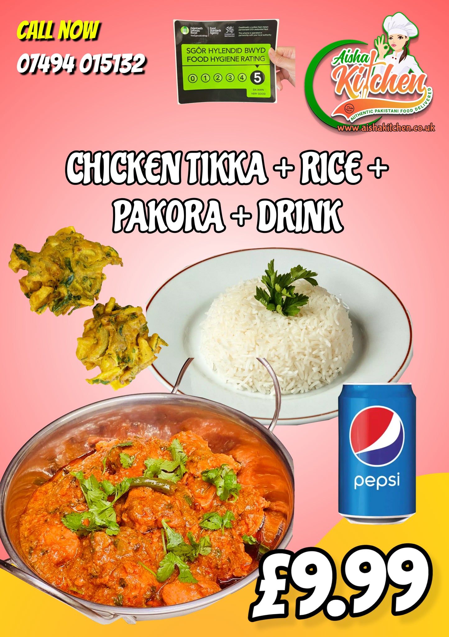 Special Chicken Tikka Masala Curry with Boiled Rice and 2x Pakora and Pepsi Can